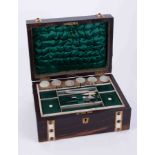 A Victorian coromandel and bone sewing box, with fitted tray, mop reels, mop fruit knife.