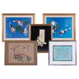 A collection of pictures including three limited edition prints by Paul Tooley, an oriental silk