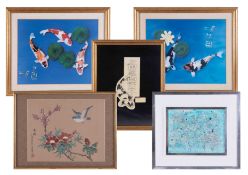 A collection of pictures including three limited edition prints by Paul Tooley, an oriental silk