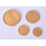 Victoria, four gold coins 1887 Jubilee year, five pound, two pound, full sovereign, half