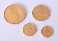 Victoria, four gold coins 1887 Jubilee year, five pound, two pound, full sovereign, half