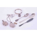 An assortment of silver items including lockets, spoons, etc, approx. 3.05oz.