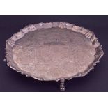 A silver salver, indistinct hallmark London, RA? Diameter 30cm with engraved decoration, gadrooned