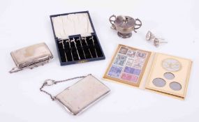 A silver small table lantern, hammered silver cigarette case (3.21oz), EP purse, two small funnels