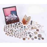 A mahogany box comprising general coinage, vintage lighter, sundry objects, coin and medal book.