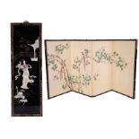 A 20th Century Chinese lacquered wall panel, 91cm x 30cm, together with a three fold low height