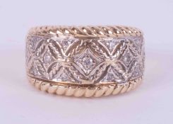 A 9ct yellow & white gold wide band set with small round brilliant cut diamonds, 6.53g, size Q.