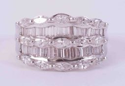 18ct white gold wide band style ring set with a mixture of marquise & baguette cut diamonds, approx.