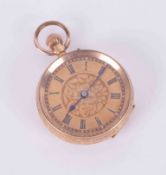 An 18ct cased ladies ornately engraved pocket watch, 28.61g.