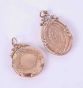 A 9ct yellow gold engraved oval locket, 5.78g and a round yellow gold (no hallmarks) engraved