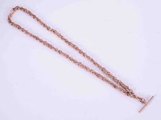 A 9ct rose gold 24" fancy twist link albert chain with T-bar, 79.67g.