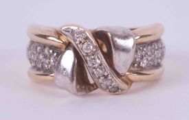 A 9ct yellow & white gold crossover design band set with small round brilliant cut diamonds, 6.