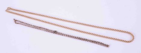 Two 9ct yellow gold chains, one 27" box style chain, 52.81g and one belcher style chain (broken),