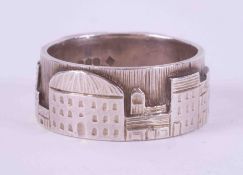 A silver designer mid-century architecture engraved ring possibly by jewellery artist Norman Cherry,