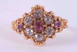 An antique yellow gold ring (no hallmarks) set with six old round cut diamonds, approx. 0.36