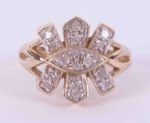 A 9ct yellow gold ring of unusual design set with approx. 0.48 carats of round brilliant cut