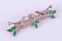 A silver & enamel 'Rennie Macintosh'? bird, flower & leaf brooch, 8.86g, length 6cm.