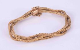 A gold three stranded woven design bracelet (no hallmarks possibly 18ct?), with push in clasp,