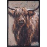 Katharine Lightfoot (b1972) 'Highland Cow' oil on canvas, 76cm x 51cm, framed.
