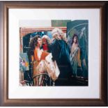 A print of an original photograph of Robert Lenkiewicz and Lisa in his studio, 49cm x 52cm, framed