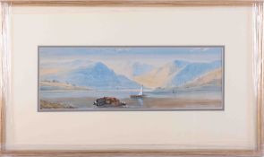 In the manner of Tristram Ellis (1844-1922), 'Mountain Scene' watercolour, 16cm x 48cm, indistinctly