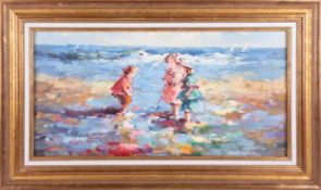 Francis Cristaux (b1956, French artist), oil on canvas 'Girls At The Beach', 29cm x 59cm, with