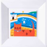 Arth Lawr, acrylic on board, 'The Lido Cat', 15cm x 15cm, signed, framed, consigned by the artist.