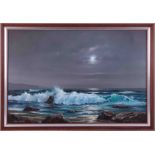 Peter Cosslett (b1927) signed oil on canvas 'Moonlight Coastal Scene', 49cm x 75cm, framed.