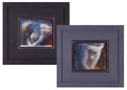 Richard Lannowe Hall, pair of mixed media 'Two Figures' series 1, 2010, 2011, framed.