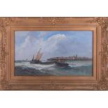 Unsigned oil Boat scene 'Stormy Seas', in gilt frame, overall size 47cm x 68cm.