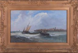 Unsigned oil Boat scene 'Stormy Seas', in gilt frame, overall size 47cm x 68cm.