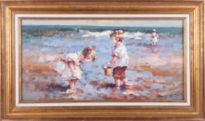 Francis Cristaux (b1956, French artist), oil on canvas 'Girl and Boy At The Beach', 29cm x 59cm,