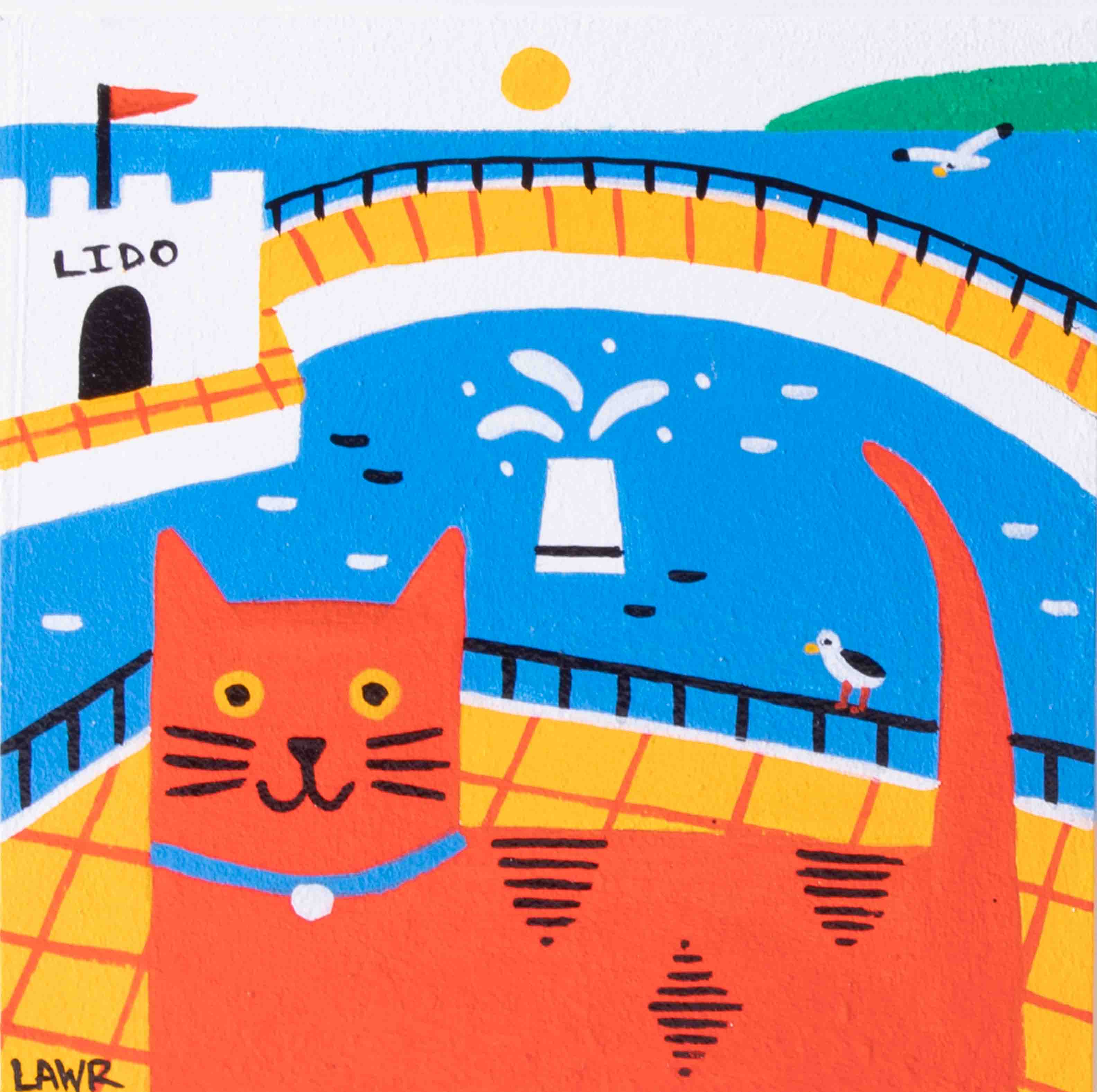 Arth Lawr, acrylic on board, 'The Lido Cat', 15cm x 15cm, signed, framed, consigned by the artist. - Image 2 of 2