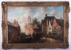 David Ronald, 20th Century oil on board 'Dutch Town scene' in swept gilt frame, overall size 50cm