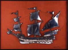 A 1970s metal sculpture of a Sailing Ship by P.Millage, 63cm x 87cm.