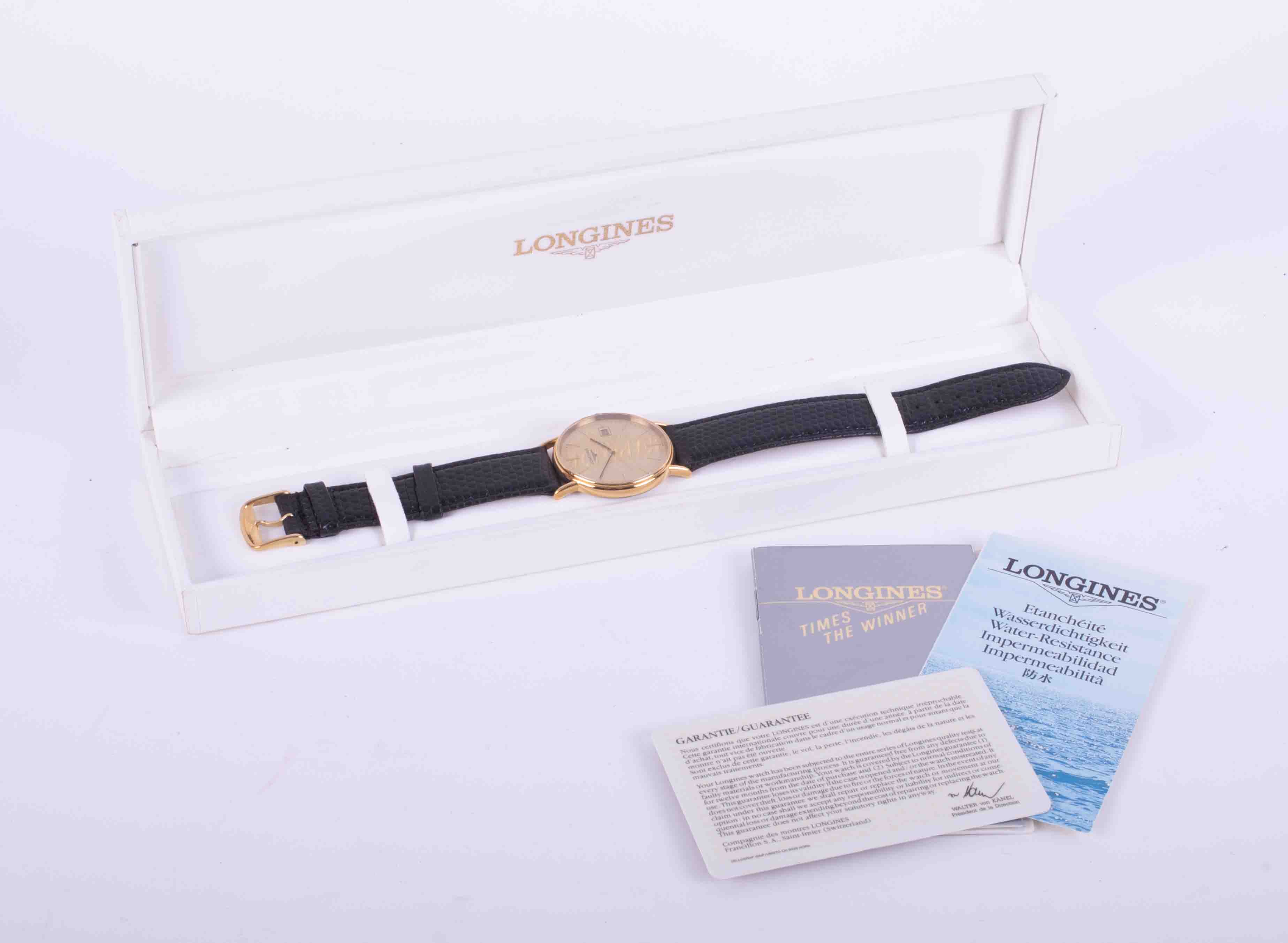 Longines, a gents 1997 quartz movement dress watch with date, with Longines black leather strap, the - Image 2 of 2