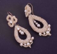 A pair of antique seed pearl and pearl drop earrings with hook fittings, 5.67g, length approx. 5.
