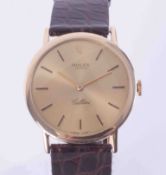 Rolex, a 18ct yellow gold gents Cellini round face manual wind wristwatch, with leather