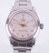 Tudor, a Oyster stainless steel manual wind wristwatch, with Rolex rivet bracelet, arabic dial.