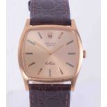 Rolex, a 18ct yellow gold gents Cellini square face manual wind wristwatch, with leather