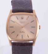 Rolex, a 18ct yellow gold gents Cellini square face manual wind wristwatch, with leather