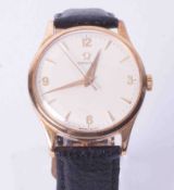 Omega, a gents 9ct yellow gold cased wristwatch, manual wind movement, full off white quarter Arabic