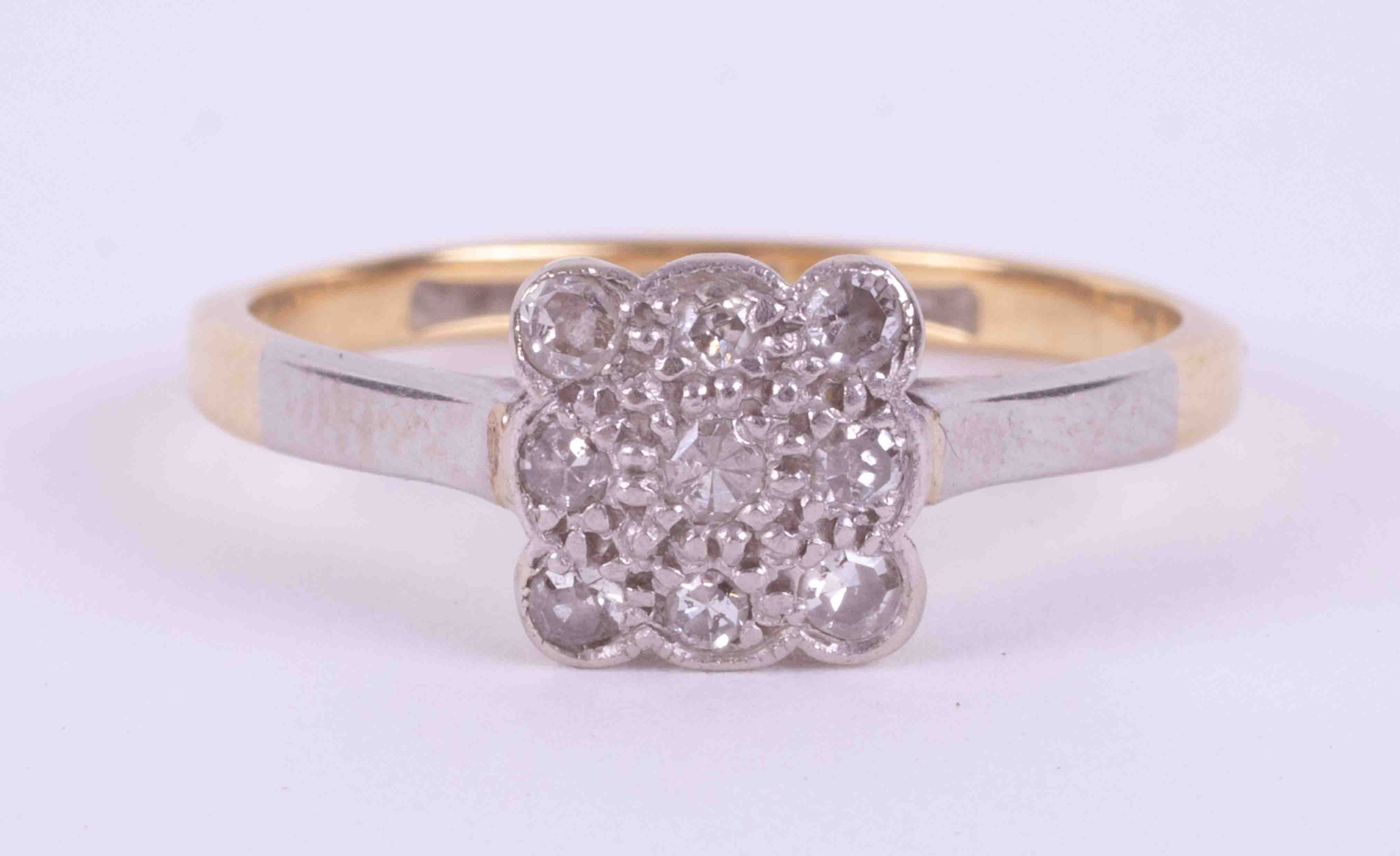 An 18ct yellow gold & platinum square design ring set with nine old round cut diamonds, 2.26g,