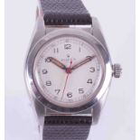 Rolex, a gents stainless steel wristwatch with black strap.