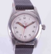 Rolex, a gents stainless steel wristwatch with black strap.