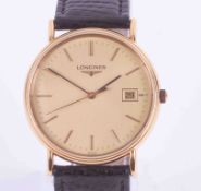 Longines, a gents 1997 quartz movement dress watch with date, with Longines black leather strap, the