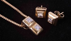 A jewellery suite comprising of a pair of 18ct yellow gold square shaped stud earrings set with