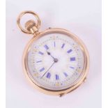 An 18ct yellow gold ladies ornate pocket watch decorated with blue and orange enamel.