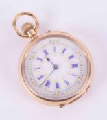 An 18ct yellow gold ladies ornate pocket watch decorated with blue and orange enamel.