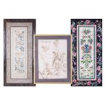 Three Oriental silk works, two framed, one as a scroll.